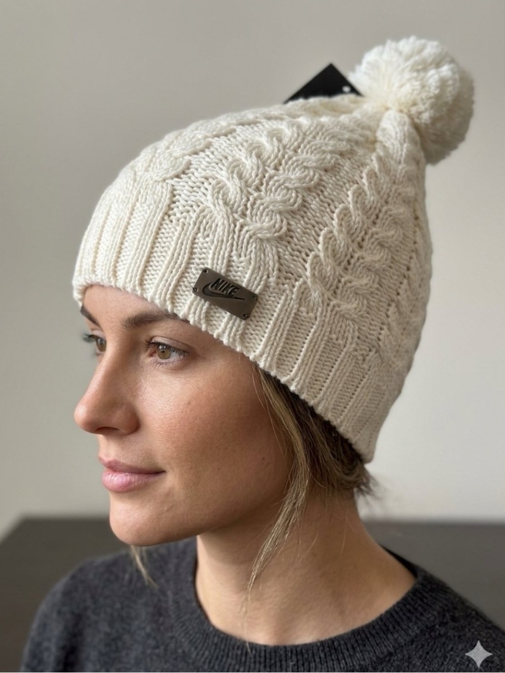 Nike Cable Knit Pom-Pom Beanie in Cream Like New